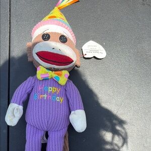 Purple Sock Monkey Plush with Birthday Hat
